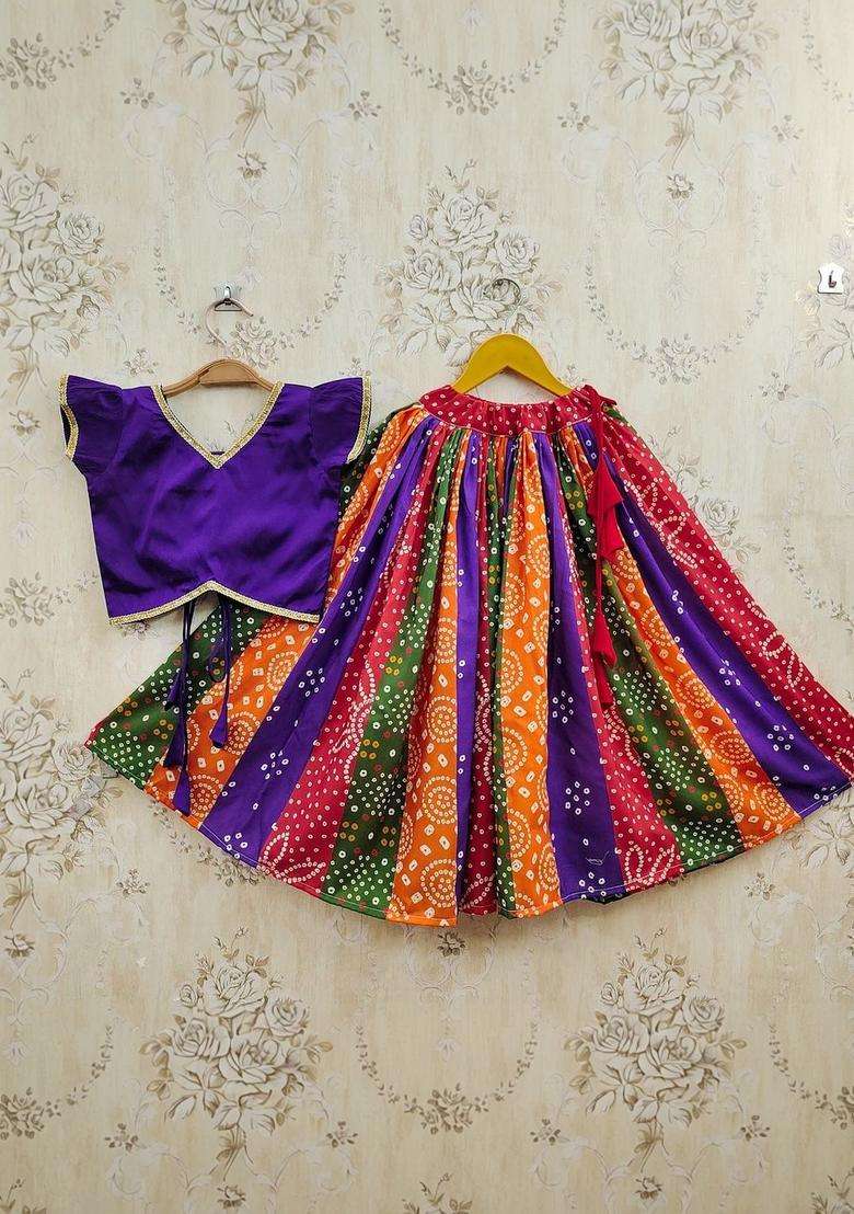 Purple Solid Cotton Lehenga Set For Girls - Indya