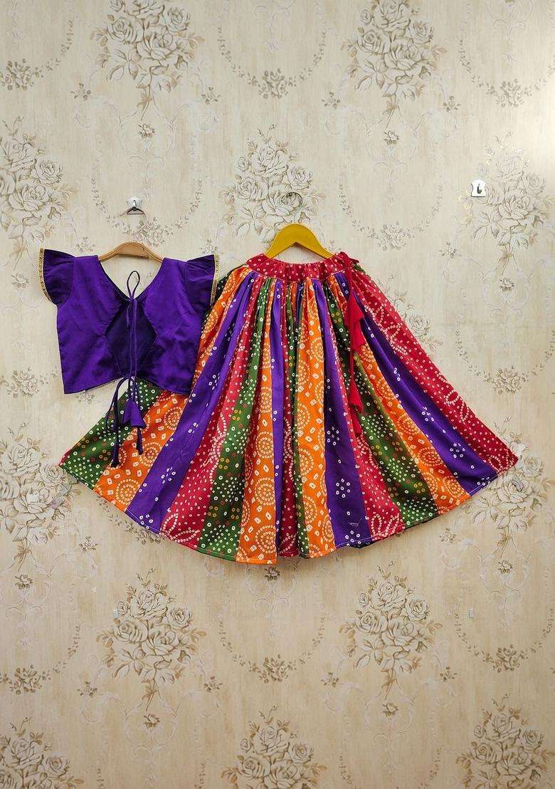 Purple Solid Cotton Lehenga Set For Girls - Indya