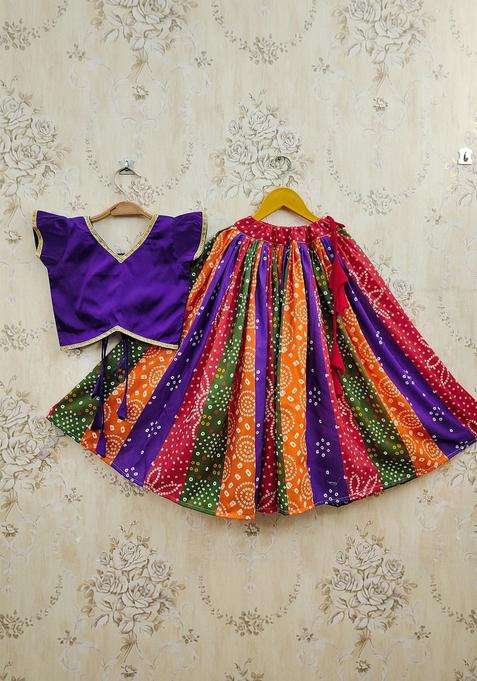 Purple Solid Cotton Lehenga Set For Girls