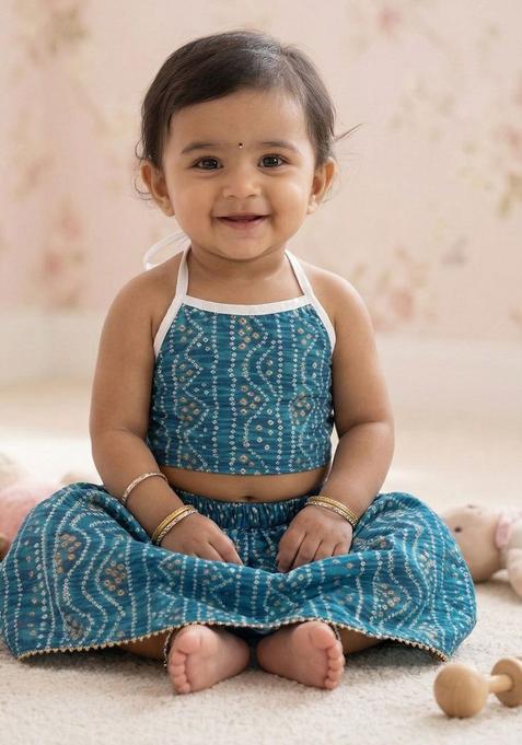 Blue Printed Cotton Lehenga Set For Girls — view on Indya