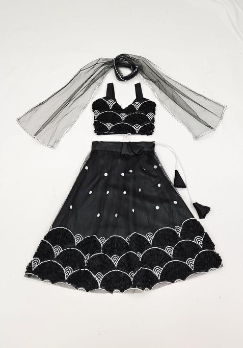 Black Embellished Net Lehenga Set For Girls — view on Indya