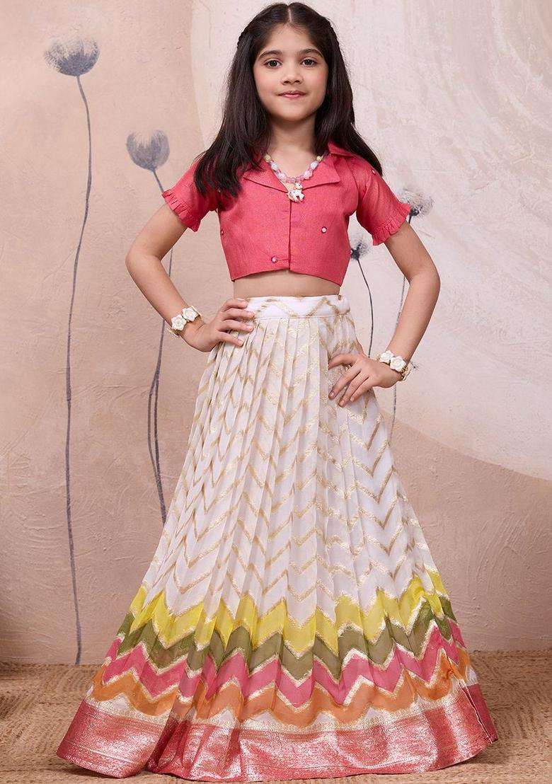 Multi Solid Silk Lehenga Set For Girls - Indya