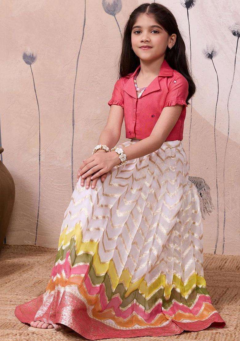 Multi Solid Silk Lehenga Set For Girls - Indya