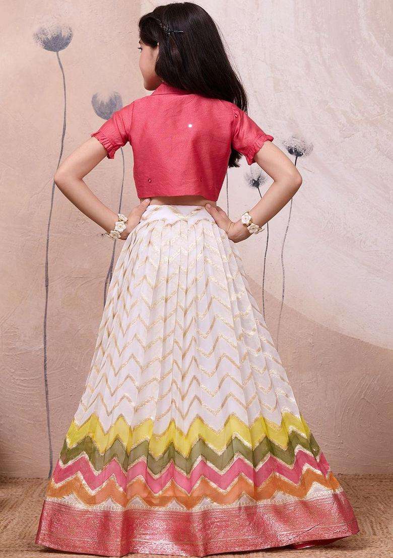 Multi Solid Silk Lehenga Set For Girls - Indya