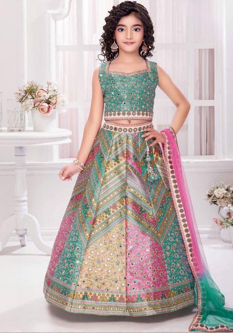 Multi Printed Silk Lehenga Set For Girls — view on Indya