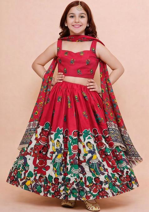 Red Printed Cotton Lehenga Set For Girls — view on Indya