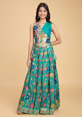 Green Woven Design Silk Lehenga Set For Girls