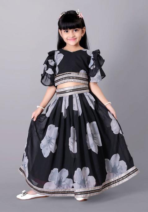 Black Printed Georgette Lehenga Set For Girls — view on Indya