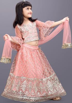 Peach Embroidered Net Lehenga Set For Girls