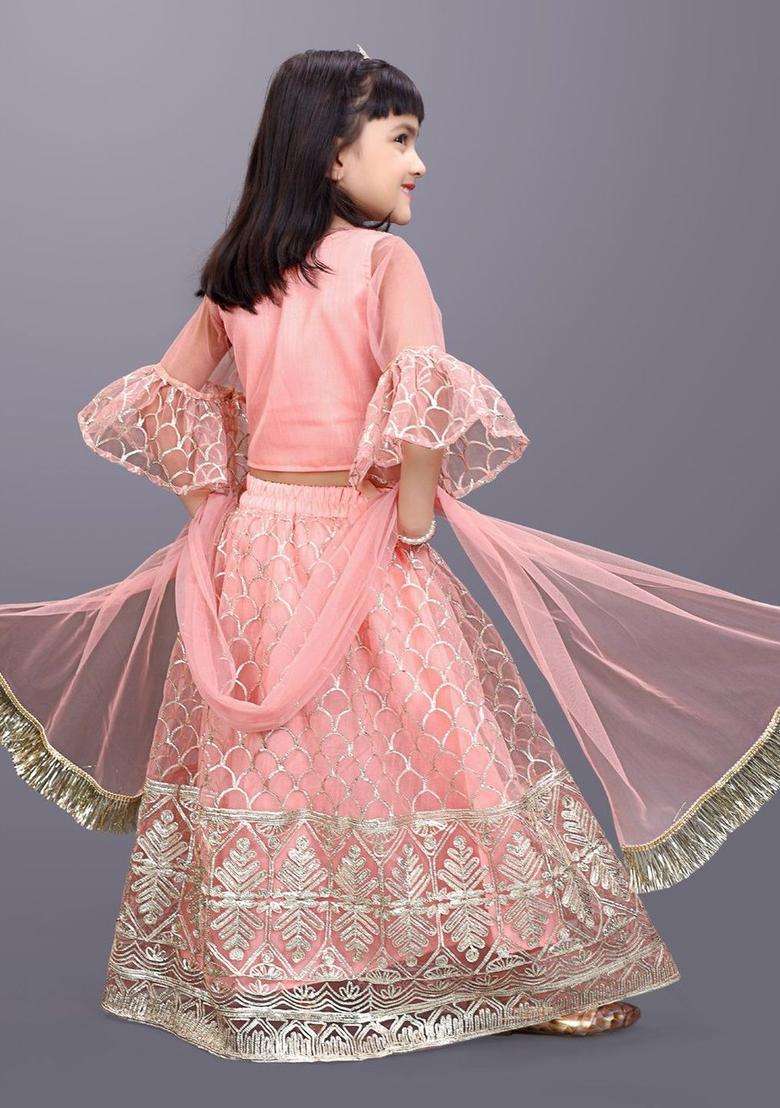 Peach Embroidered Net Lehenga Set For Girls - Indya