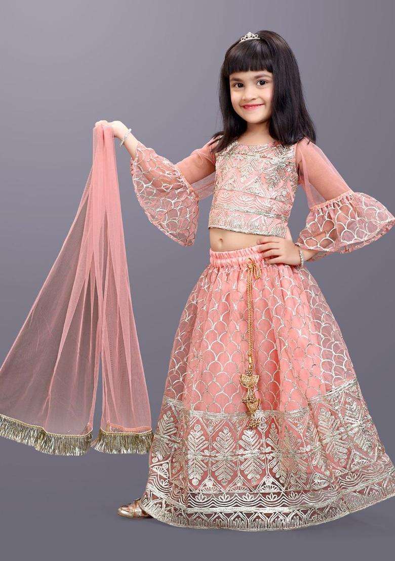 Peach Embroidered Net Lehenga Set For Girls - Indya