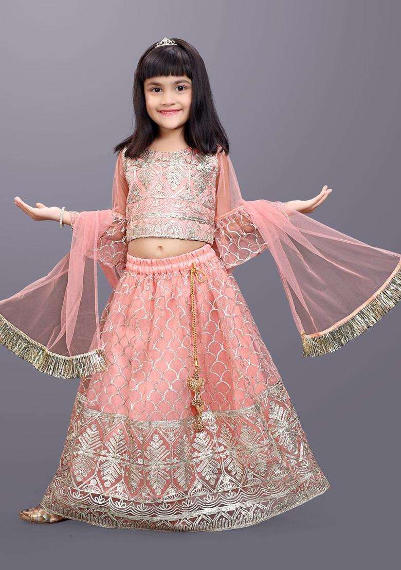 Peach Embroidered Net Lehenga Set For Girls - Indya