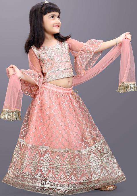 Peach Embroidered Net Lehenga Set For Girls