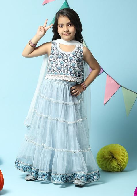 Blue Printed Net Lehenga Set For Girls — view on Indya