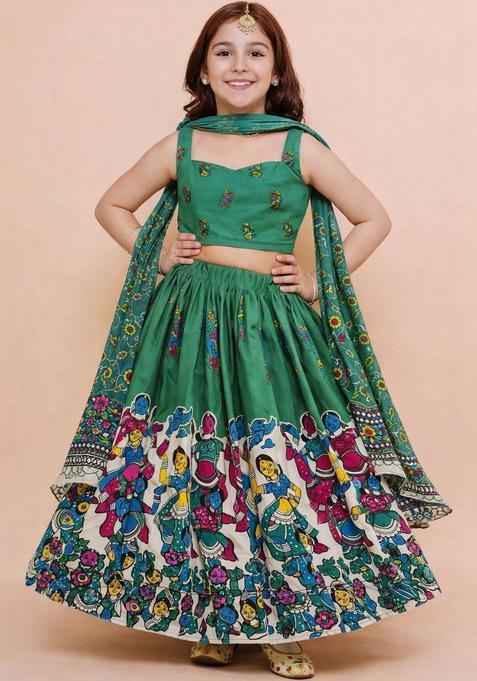 Green Printed Cotton Lehenga Set For Girls — view on Indya