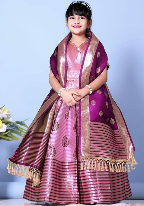 Pink Woven Design Silk Lehenga Set For Girls — view on Indya