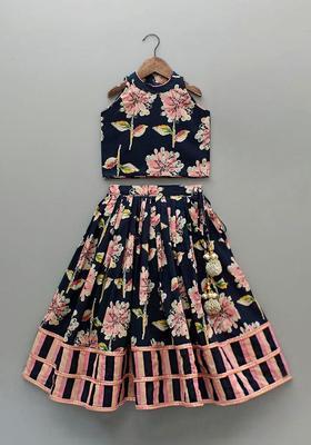 Blue Printed Polyester Lehenga Set For Girls