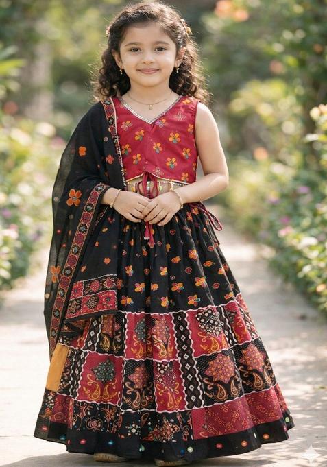 Black Printed Cotton Lehenga Set For Girls — view on Indya