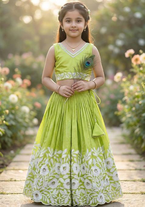 Green Embellished Silk Lehenga Set For Girls — view on Indya