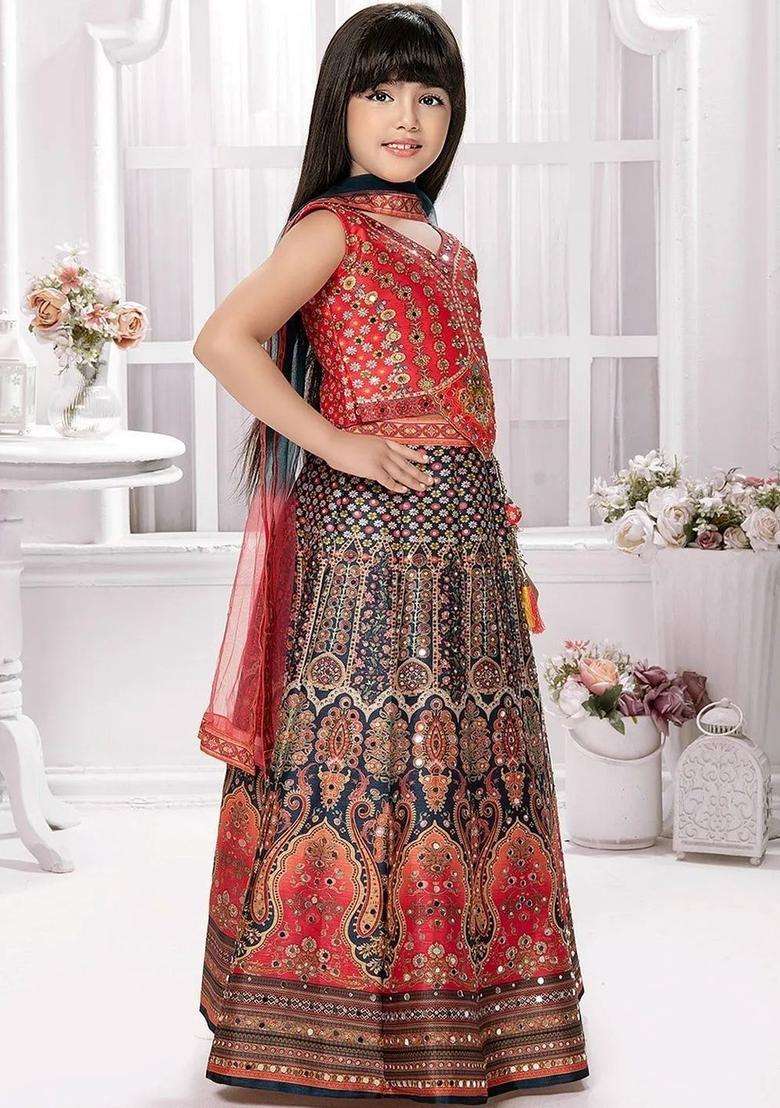 Red Embellished Silk Lehenga Set For Girls - Indya
