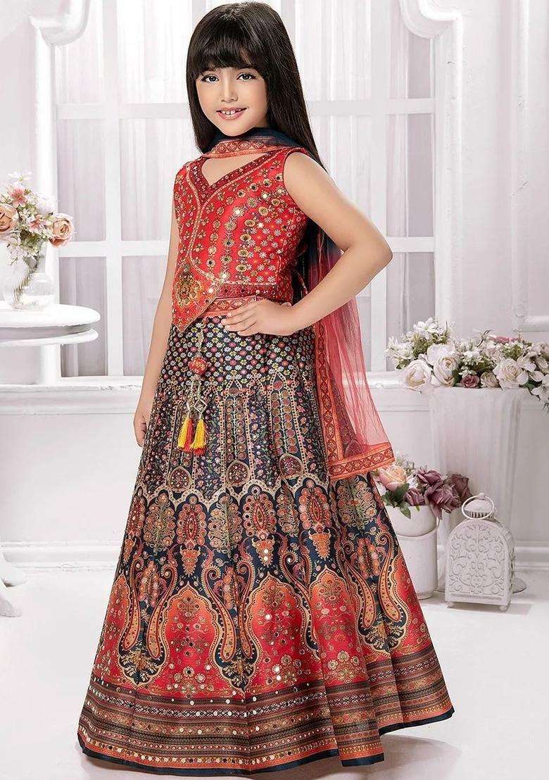 Red Embellished Silk Lehenga Set For Girls - Indya