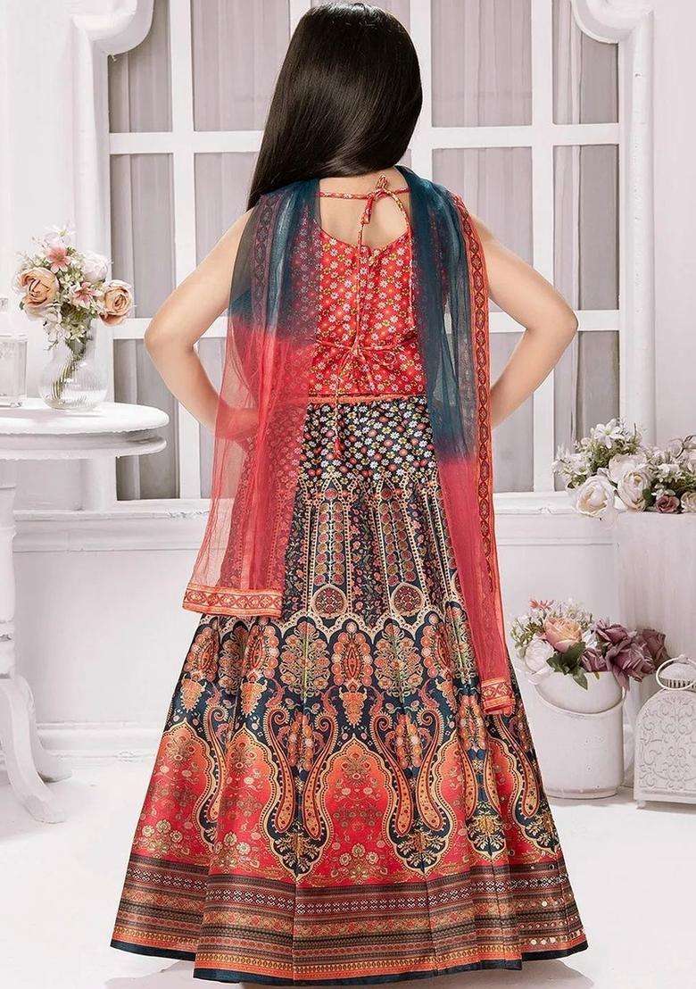 Red Embellished Silk Lehenga Set For Girls - Indya