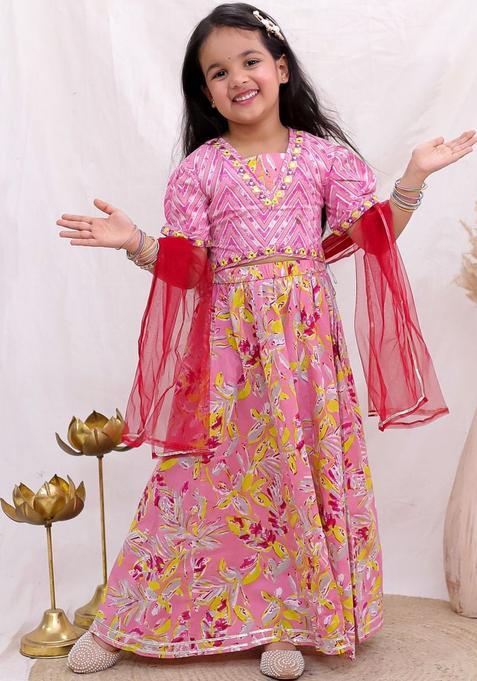 Pink Printed Cotton Lehenga Set For Girls — view on Indya