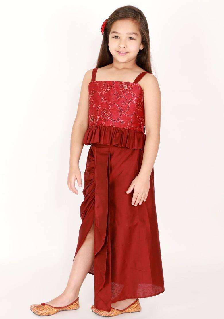 Maroon Embroidered Viscose Lehenga Set For Girls - Indya