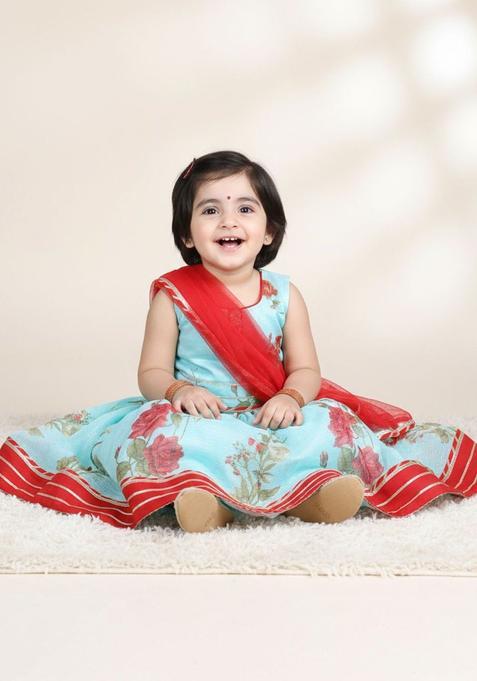 Blue Printed Cotton Lehenga Set For Girls — view on Indya