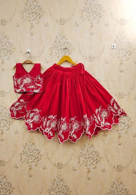 Red Embroidered Silk Lehenga Set For Girls — view on Indya