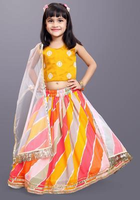 Yellow Embroidered Silk Lehenga Set For Girls