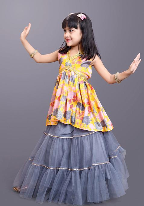 Yellow Printed Net Lehenga Set For Girls — view on Indya