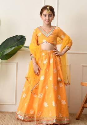 Yellow Embroidered Silk Lehenga Set For Girls