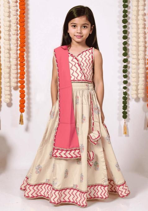 Pink Printed Cotton Lehenga Set For Girls — view on Indya
