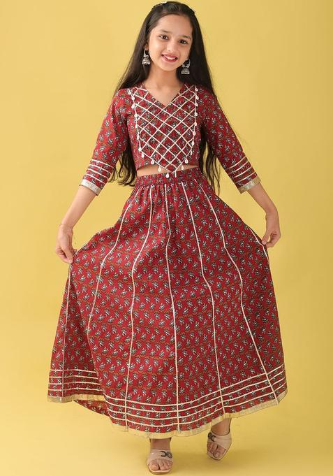 Maroon Embellished Cotton Lehenga Set For Girls — view on Indya