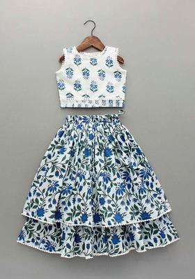 White Printed Polyester Lehenga Set For Girls