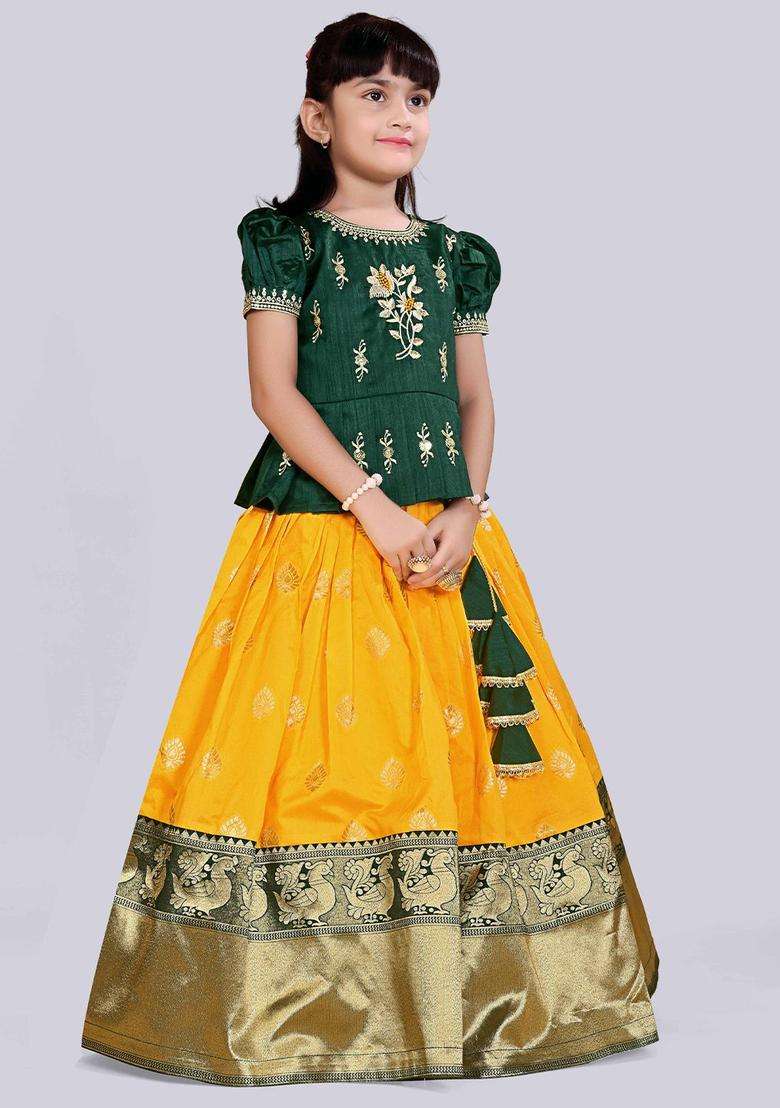 Yellow Embroidered Polyester Lehenga Set For Girls - Indya