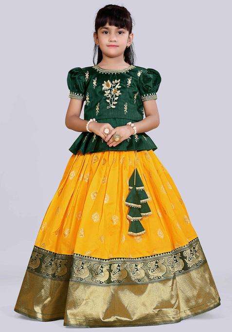 Yellow Embroidered Polyester Lehenga Set For Girls