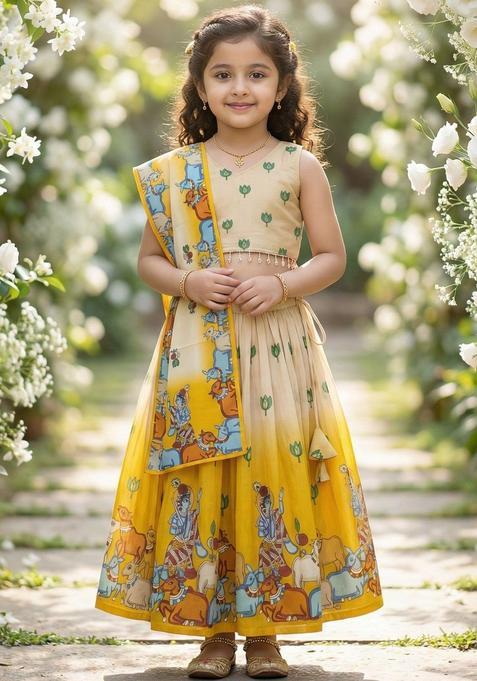 Beige Printed Silk Lehenga Set For Girls — view on Indya