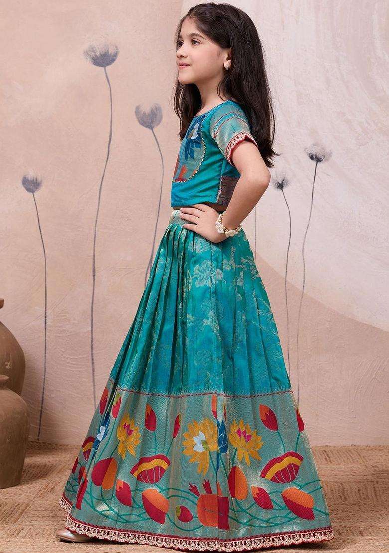Blue Embellished Silk Lehenga Set For Girls - Indya