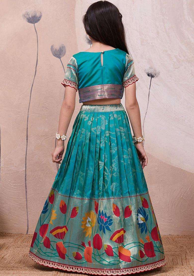 Blue Embellished Silk Lehenga Set For Girls - Indya