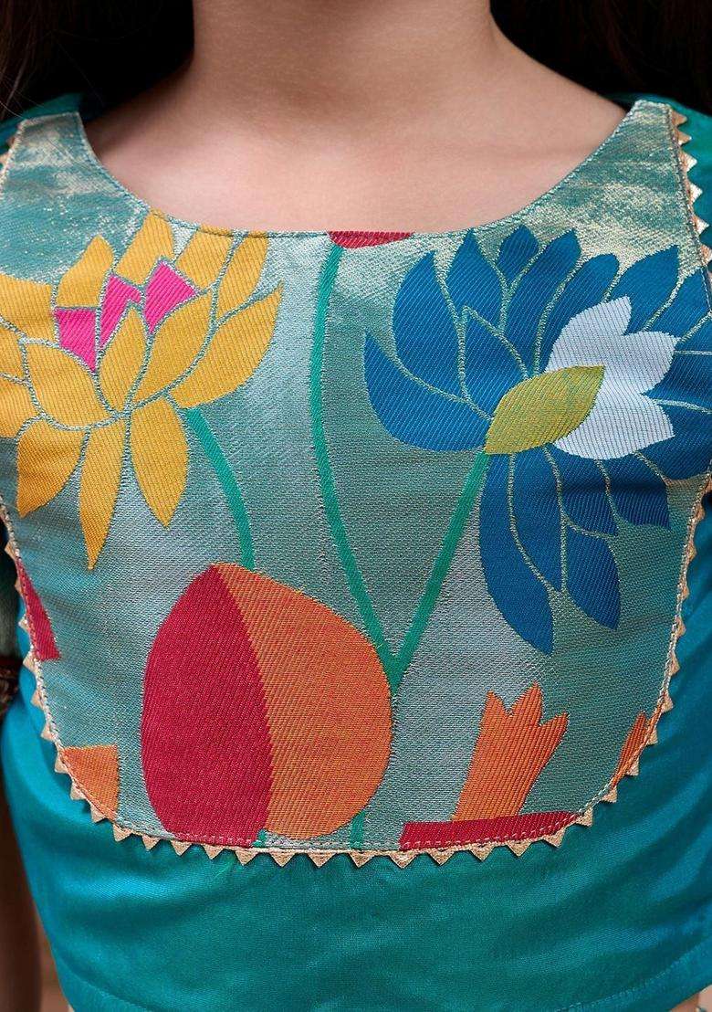 Blue Embellished Silk Lehenga Set For Girls - Indya