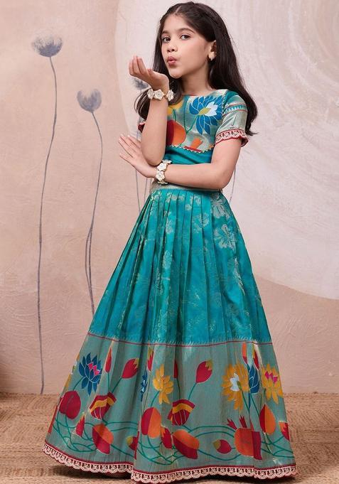 Blue Embellished Silk Lehenga Set For Girls — view on Indya