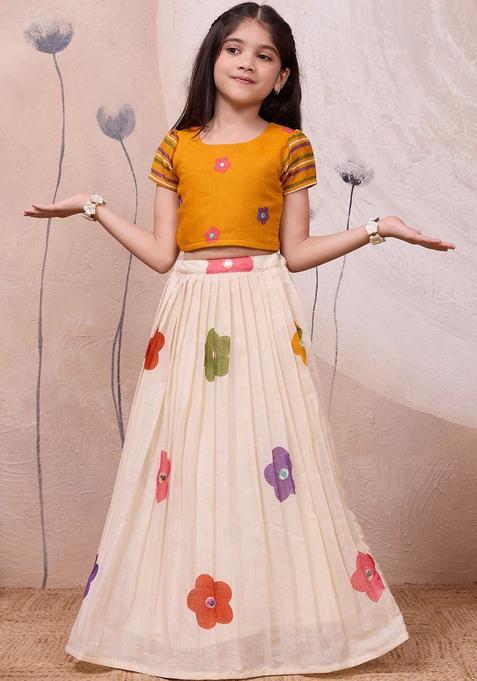 Beige Embellished Cotton Lehenga Set For Girls — view on Indya