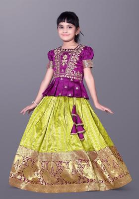 Purple Woven Design Silk Lehenga Set For Girls