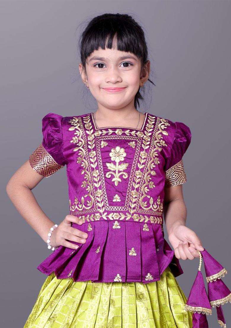 Purple Woven Design Silk Lehenga Set For Girls - Indya