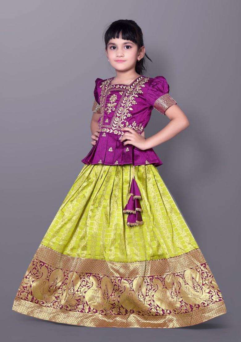 Purple Woven Design Silk Lehenga Set For Girls - Indya