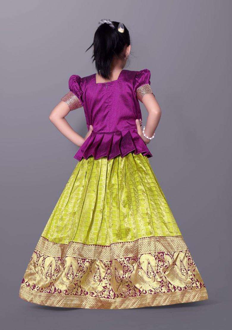 Purple Woven Design Silk Lehenga Set For Girls - Indya
