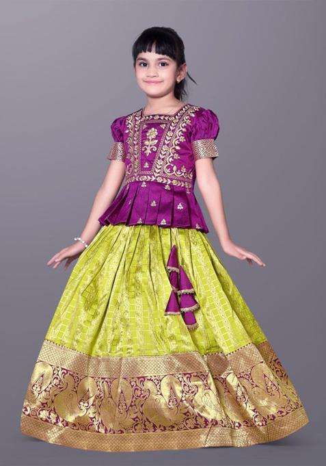 Purple Woven Design Silk Lehenga Set For Girls