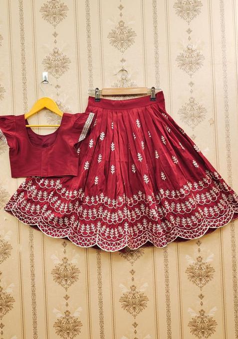 Maroon Embroidered Silk Lehenga Set For Girls — view on Indya